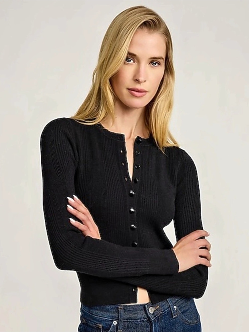 Express Fitted Ribbed Crew Neck Cardigan